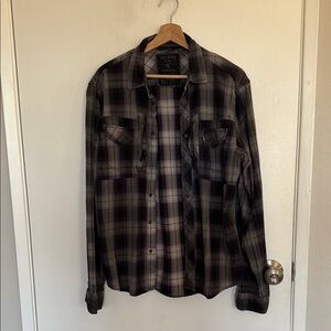 Guess- Black and Gray and Purple Plaid Mens M button down shirt